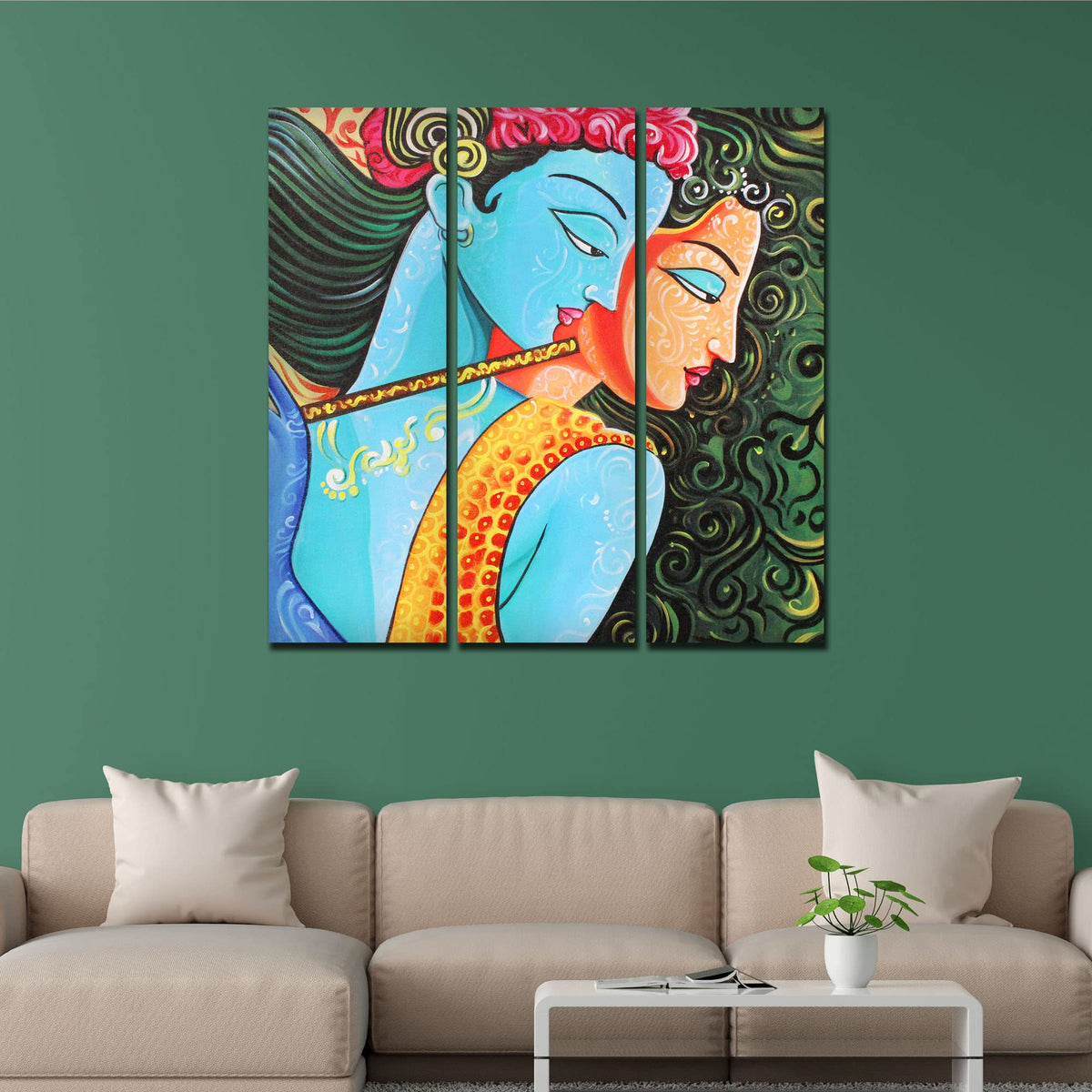 VIBECRAFTS 3 Pieces Shree Radha Krishna Canvas Wall Painting Fitted With Wooden Frame For Home | Office | Living Room | Gifts (PTVC3Pcs1_9548)