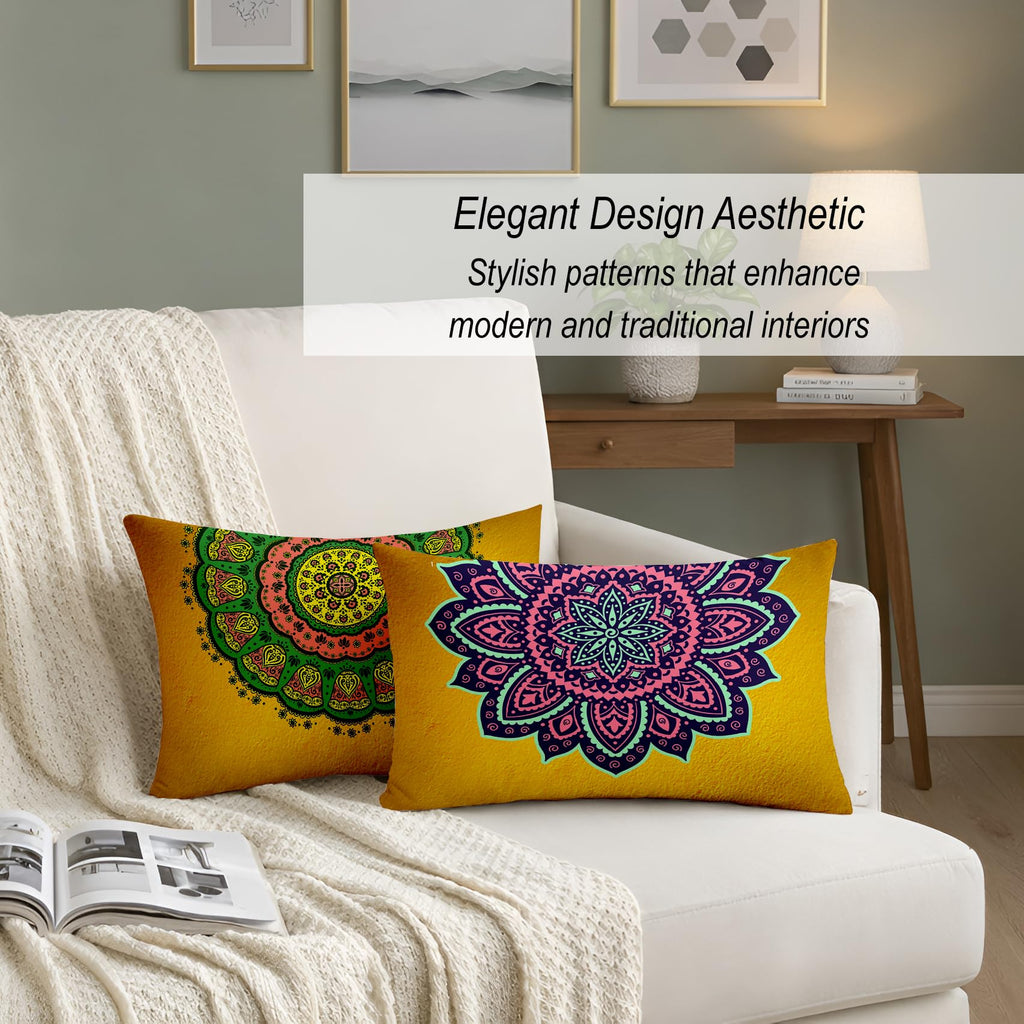 STITCHNEST Set of 2 Gajraj Folk Art Collection Printed Jute Cushion Covers 12x18 Inches | Decorative Throw Pillow Covers for Sofa, Living Room, Bedroom | Perfect for Home Decor