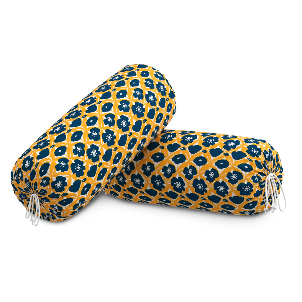 BLOCKS OF INDIA Cotton Hand Block Printed Bolster Cover | Booster Cover with Drawstring | Round Long Pillow Cover for Bed | Dewan Pillow Cover Set 16 X 32 | Set of 2 (Yellow Flower)