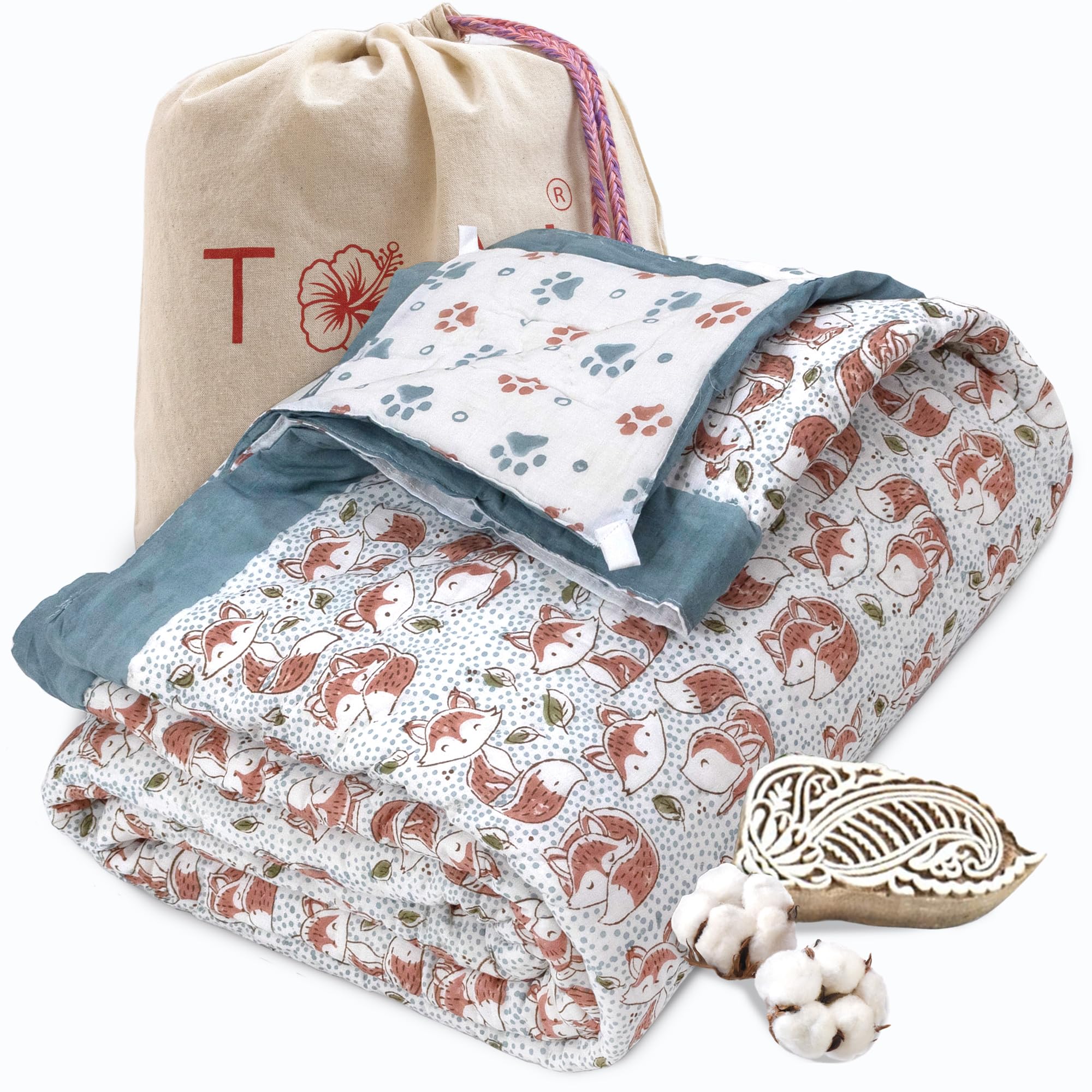 TOAIArt Jaipuri Quilt | Lightweight Comforter/Razai/Rajai | Hand Quilted | Block Printed Reversible 3 Layer| Premium Mulmul Cotton| Cotton Wool Filling| Single Size 60” X 90” | Funny Fox Kafalo
