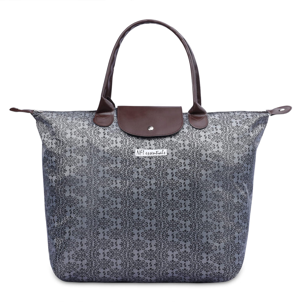 NFI essentials Womens Shopping Tote Bag Foldable Handbag Travel Bag Shoulder Waterproof Carry Bag for Grocery & Daily Use, Dark Grey