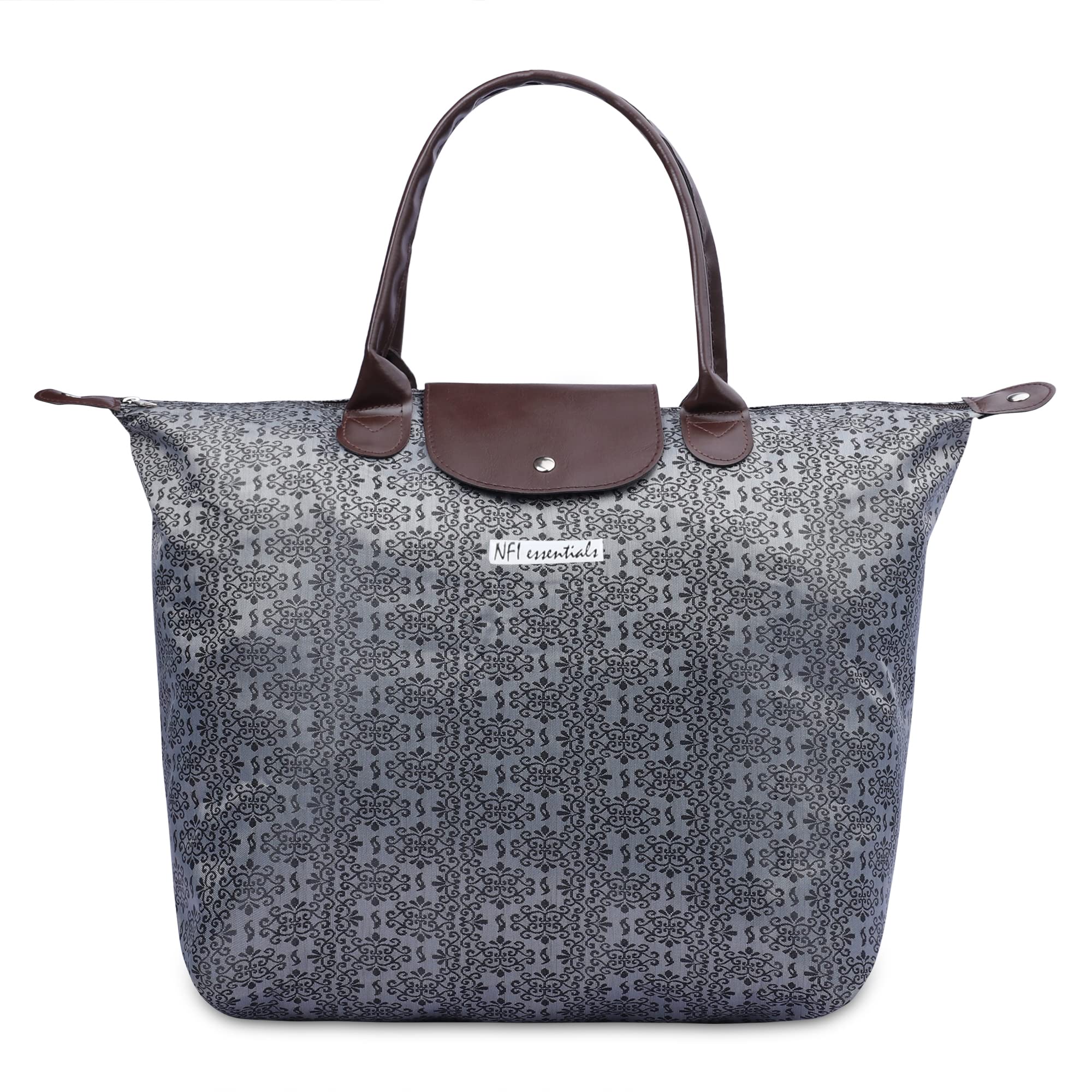 NFI essentials Womens Shopping Tote Bag Foldable Handbag Travel Bag Shoulder Waterproof Carry Bag for Grocery & Daily Use, Dark Grey