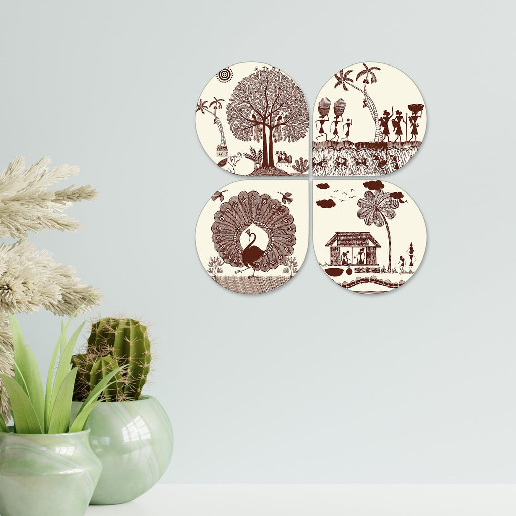 Artvibes Ancient Village Warli Art Decorative Wall Art MDF Wooden Wall Hanger for Home | Handcrafted Art | Graphic Artwork | Aesthetic Wooden Decor | Sceneries | Ideal Gifts (WH_8438N), Set of 4