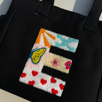 TSANTA Alphabet Tufted Canvas Tote Bag for Women, Laptop Compatible, Zipper Closure, 35x11x31 cm, Multi, Cotton, Shoulder Strap, Personalised Letter Design