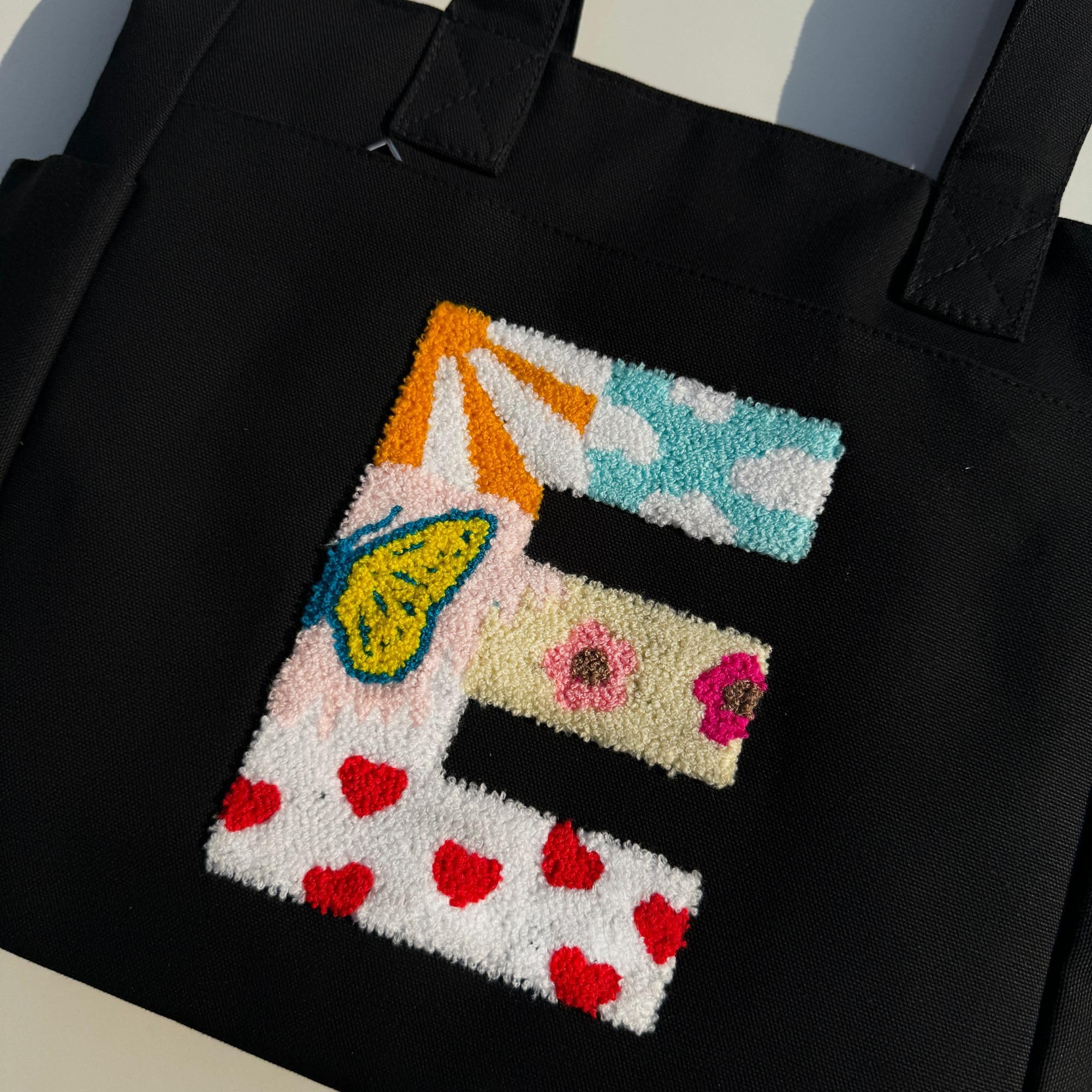 TSANTA Alphabet Tufted Canvas Tote Bag for Women, Laptop Compatible, Zipper Closure, 35x11x31 cm, Multi, Cotton, Shoulder Strap, Personalised Letter Design