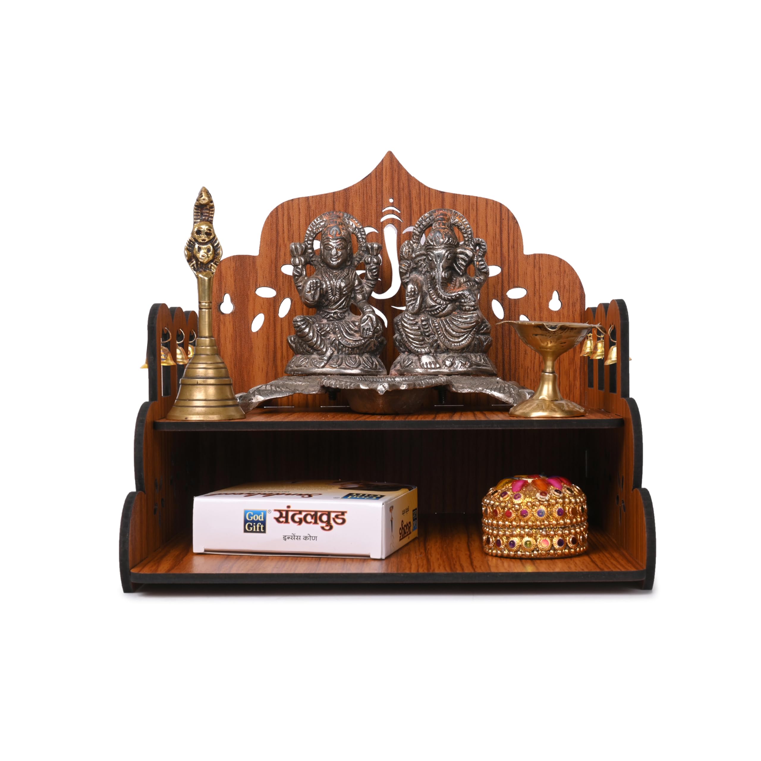 Gojeeva Engineered Wood Hand Crafted Ganesh Ji Pattern Home Temple for Puja Temple for Home and Office l Puja Stand l Wooden Mandir, Puja Shelve, Designer Wooden Shelve for Office (Brown) (Pack of 1)