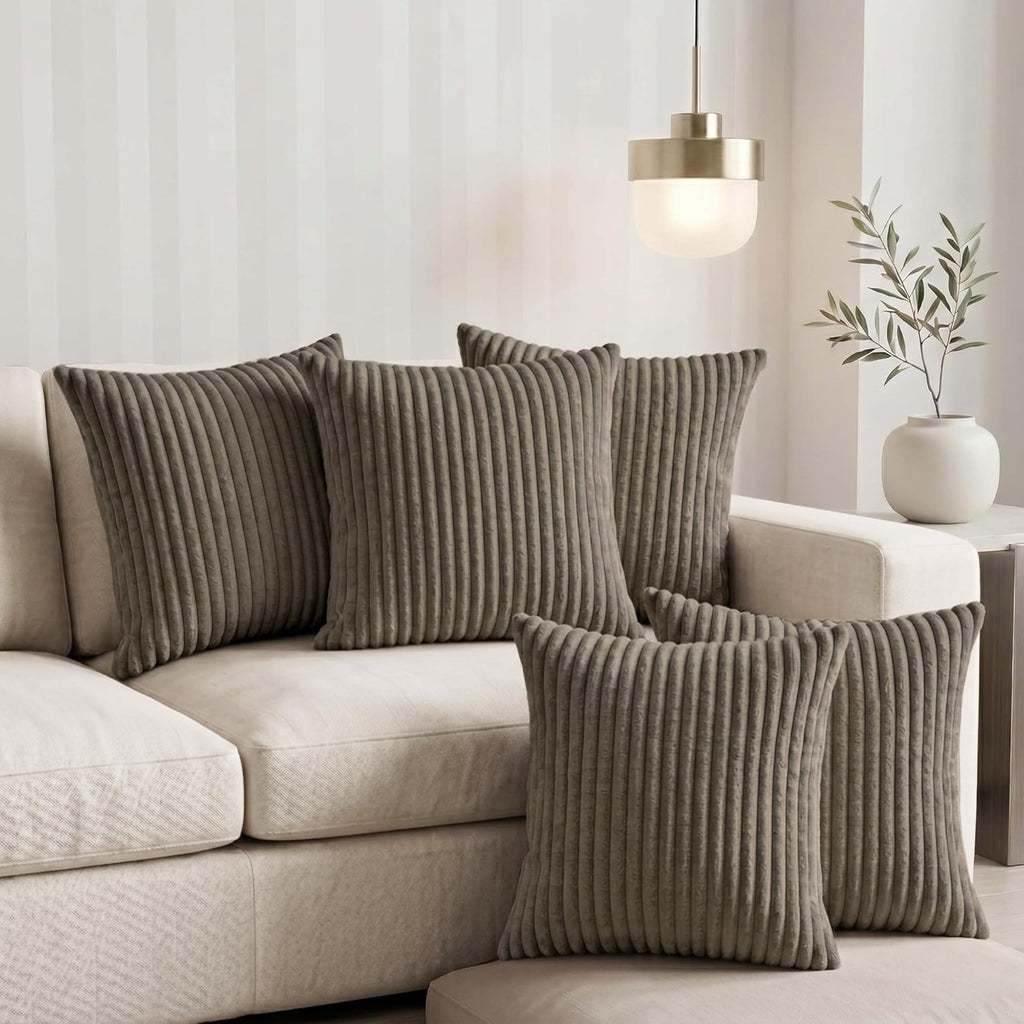 Yellow Weaves Pencil-Stripe Fur Cushion Covers | Soft Polyester | Decorative Sofa & Throw Pillow Covers | 16x16 Inches, Pack of 5 (Mouse)