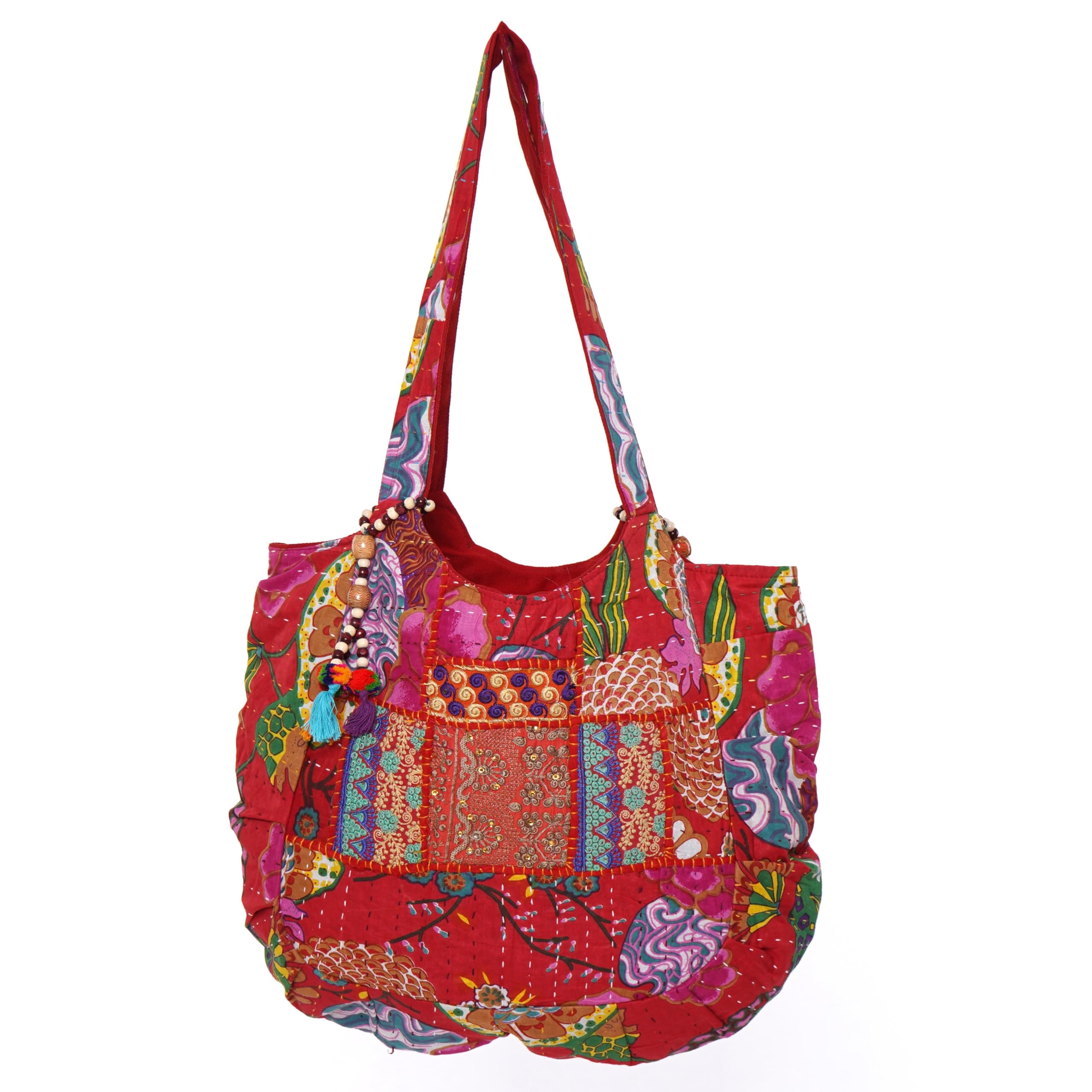PREET GALLERY Handmade Cotton Patchwork Tote Bag for Women, Multicolour (Rani Pink & Red), Double Handle Shoulder Bag, Pure Cotton