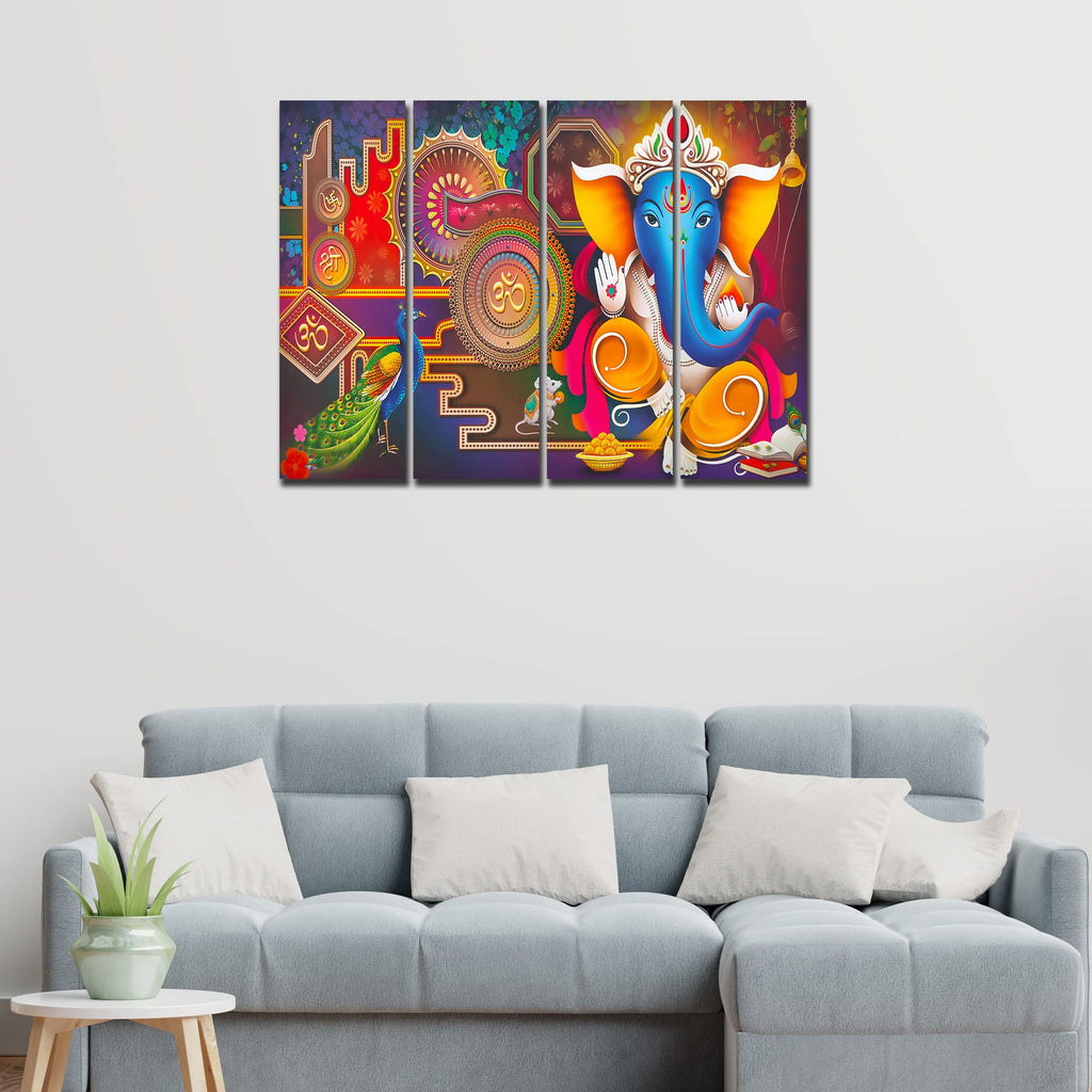 VIBECRAFTS Beautiful Shree Ganesha 4 Pieces Canvas Wall Painting Fitted With Wooden Frame For Home | Office | Living Room | Gift(PTVC4Pcs1_13528)