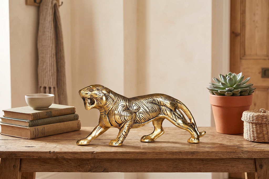 KridayKraft Golden Metal Antique Tiger/Jaguar/Panther/Sher Figurine Table Top Decorative,Feng Shui & Vanstu,Animal Showpiece Figurines...