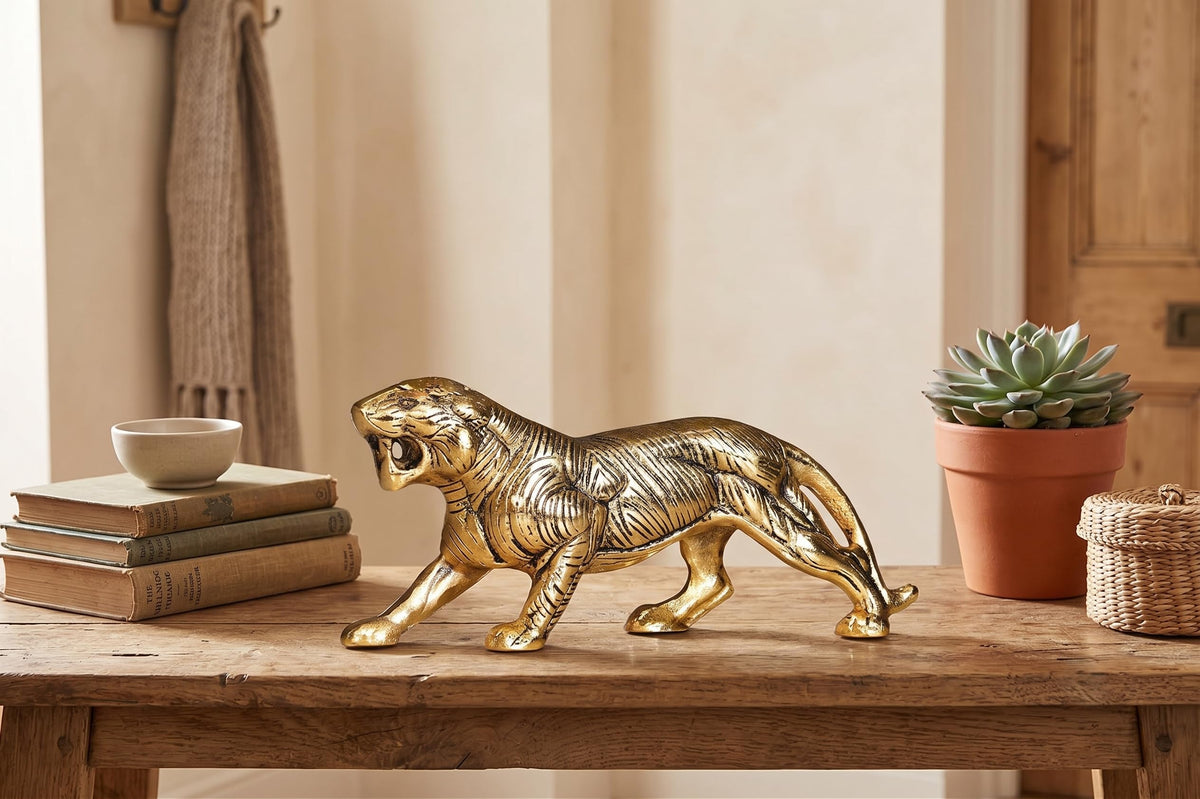 KridayKraft Golden Metal Antique Tiger/Jaguar/Panther/Sher Figurine Table Top Decorative,Feng Shui & Vanstu,Animal Showpiece Figurines...