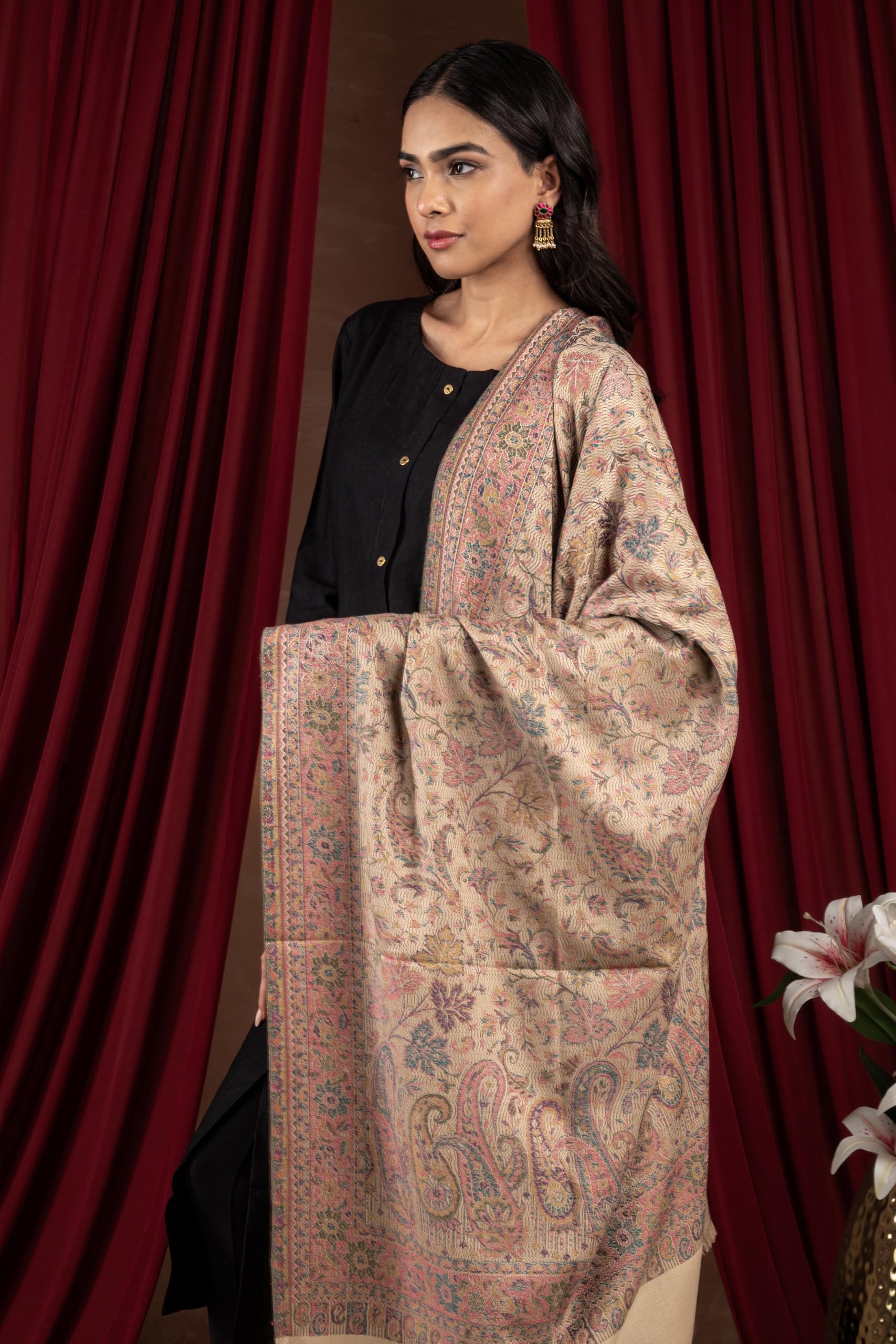 Naureen Women Faux Pashmina Kashmiri Jamawar Shawl, Warm and Soft, 40x80 inch (Ivory)