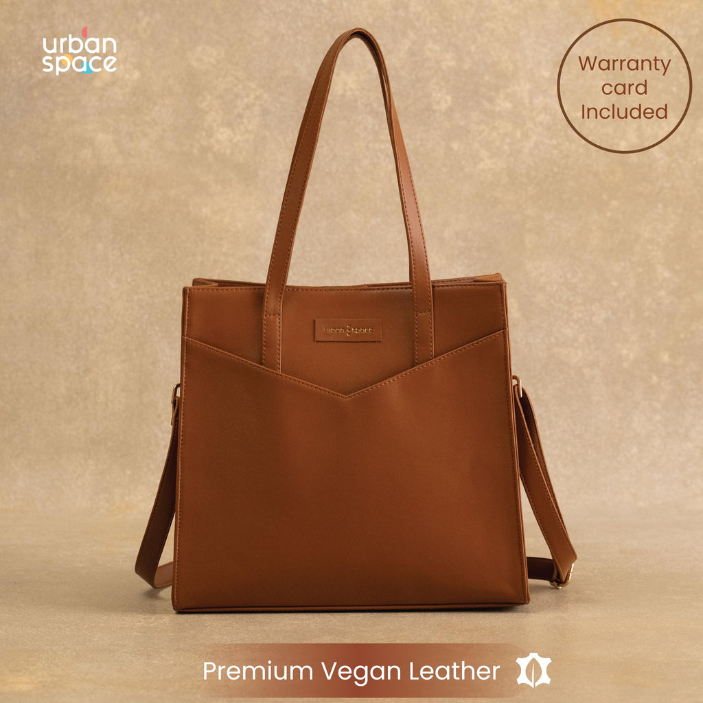 Urban Space Vegan Leather Women Tote Bag with Laptop compartment, Handbag for Work, Ladies purse, Stylish Shoulder Bag, Laptop ipad Tote Bags For Office Use, Gift for Women (Adele Tan)