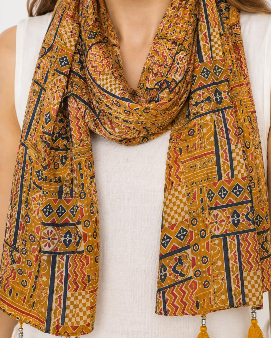Women's Printed cotton Scarf with Tassels, Lightweight Boho Stole, 180x50 cm, All Seasons (mustard)