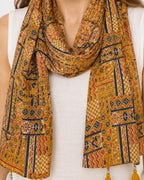 Women's Printed cotton Scarf with Tassels, Lightweight Boho Stole, 180x50 cm, All Seasons (mustard)