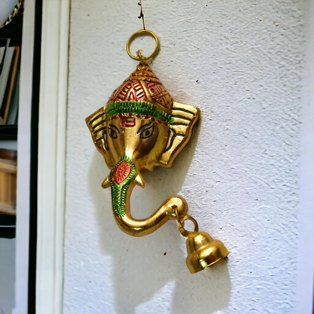 KridayKraft Aluminium Antique finish Ganesha Head with Bell Wall hanging