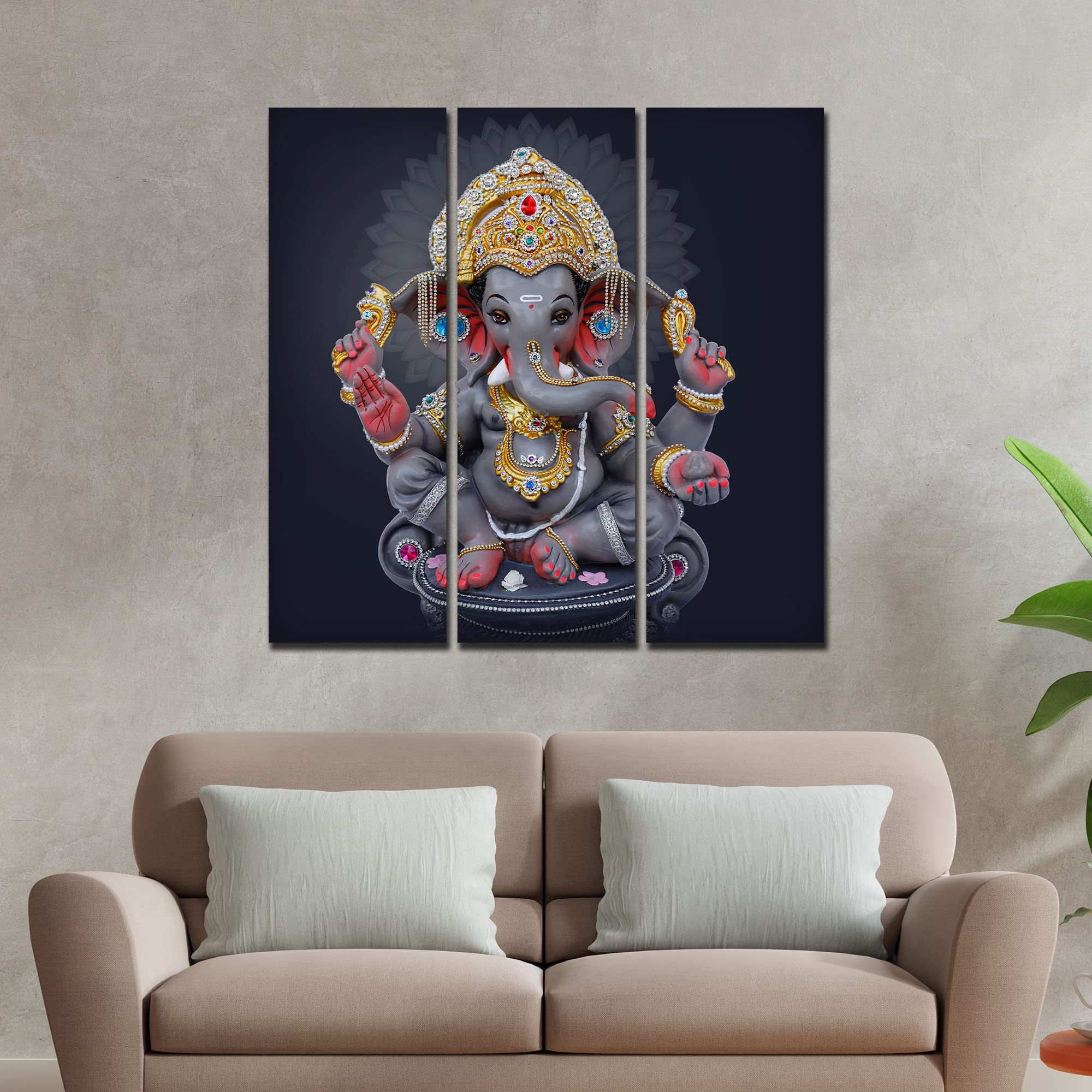 VIBECRAFTS 3 Pieces Bal Ganesh Ji Canvas Wall Painting Fitted With Wooden Frame For Home | Office | Living Room | Gifts (PTVC3Pcs1_9570)