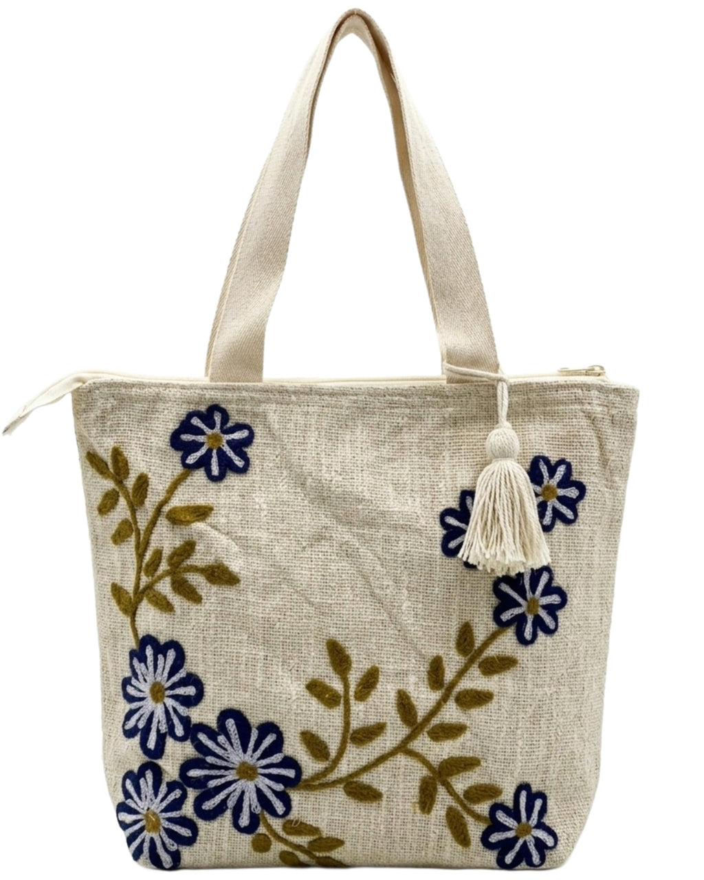 Floral Embroidered Tote Bag, Beige Jute, Blue Flowers with Tassel Zip, Handcrafted Boho Style