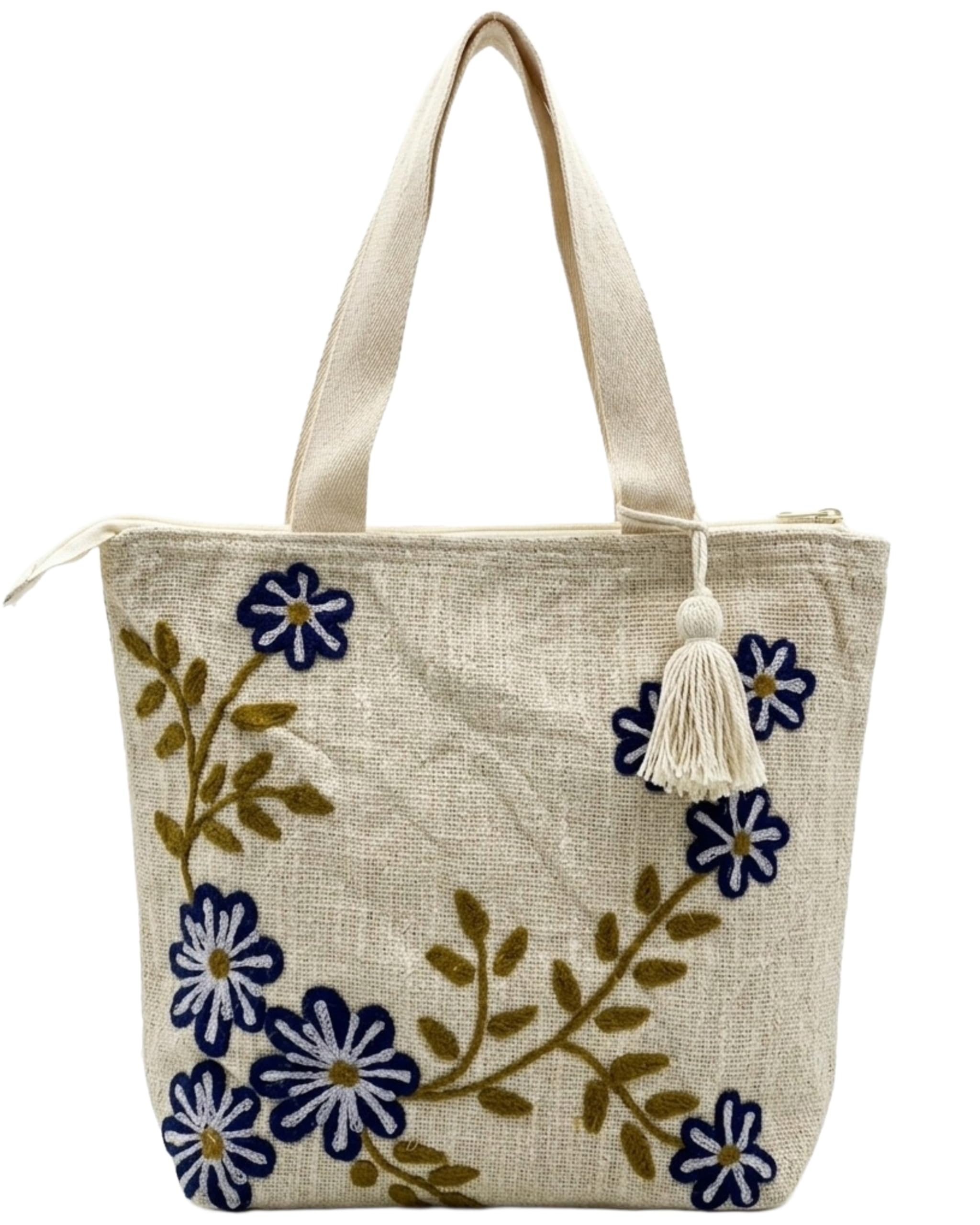 Floral Embroidered Tote Bag, Beige Jute, Blue Flowers with Tassel Zip, Handcrafted Boho Style
