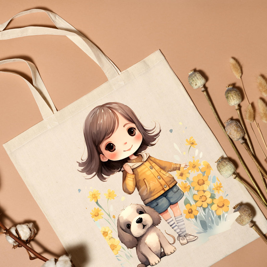 Metsi Canvas Tote Bag for Women, 13x15 Plain Cotton Tote Bag with Zipper, Reusable Multi-Purpose Cotton Bags for Shopping, School, Beach, Groceries, Painting, DIY Gift Bags, Girl with Puppy 1