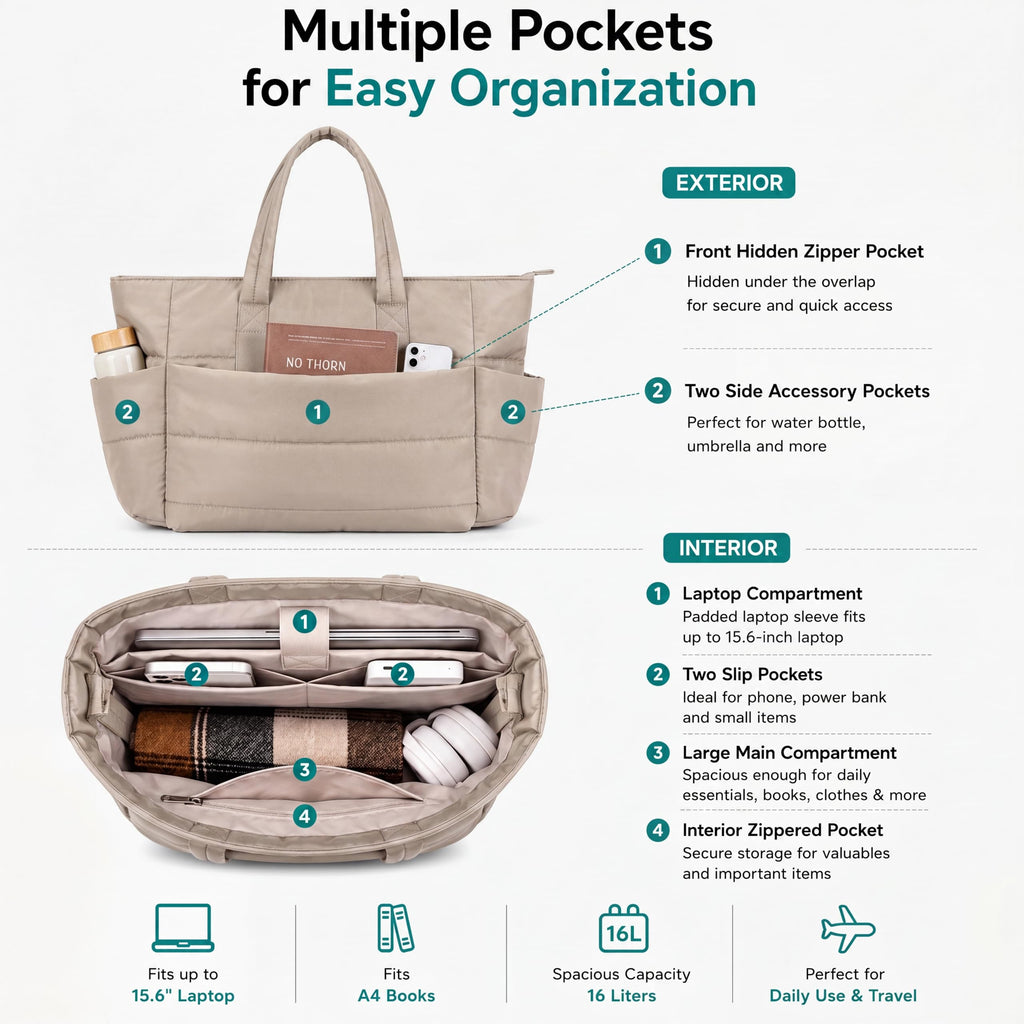 TS WITH TECHSUN Women's Laptop Tote Bag for Laptop, Lightweight Puffy Office Shoulder Handbag with Multiple Pockets, Water Resistant Work Bag for Office, Gym, Travel & Daily Use (16L) (Beige)