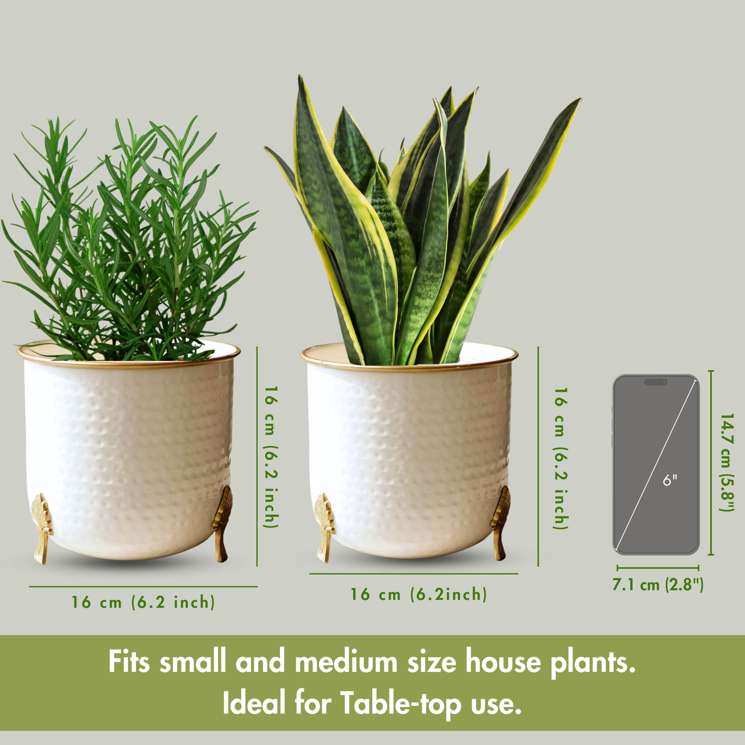 BEHOMA White Hammered Metal Planters with Gold Leaf Stand, Set of 2