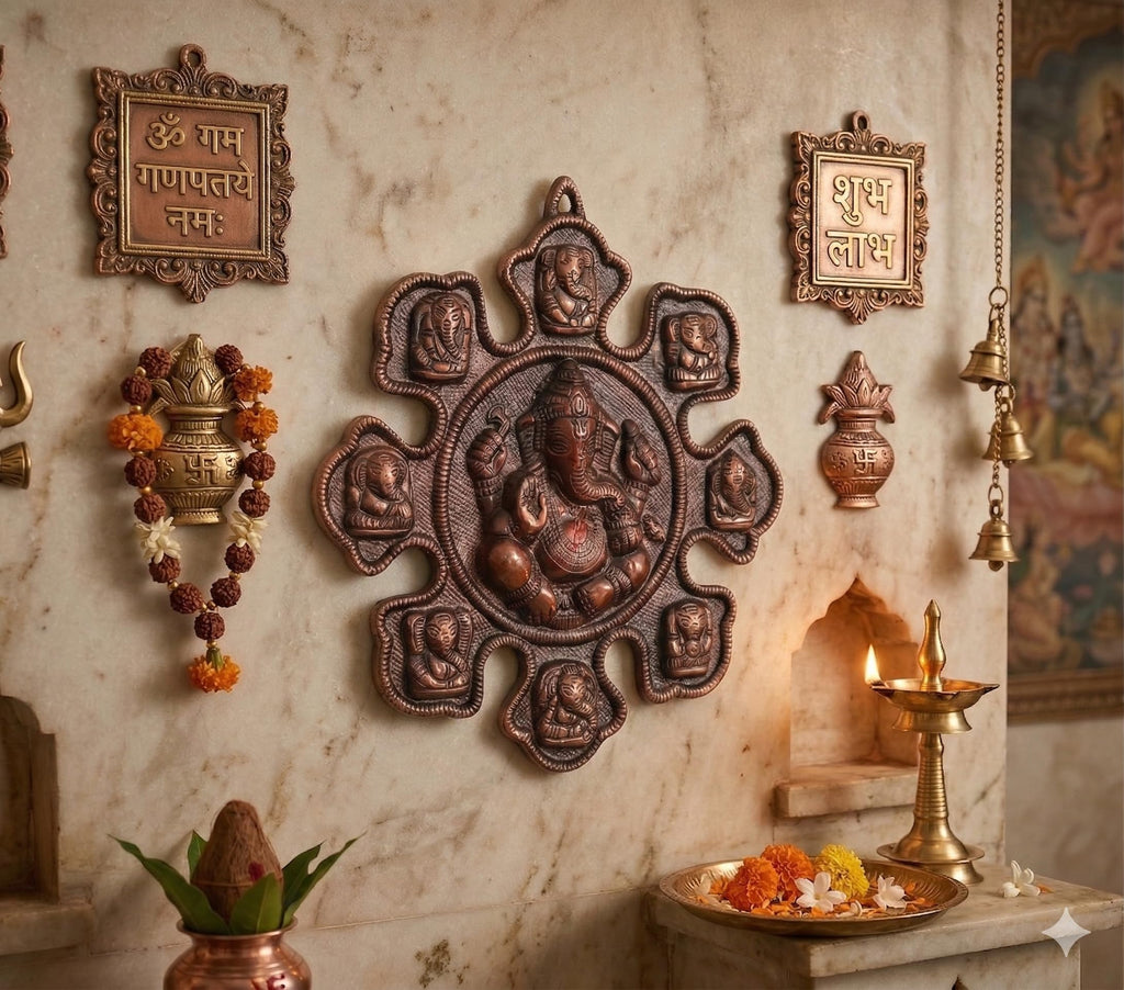 Lord Ganesha Ashtavinayak Wall Hanging Metal Plaque - 28cm x 27cm Antique Copper Finish Idol for Home Decor, Living Room & Entrance | Religious Figurine Gift Item (450g)