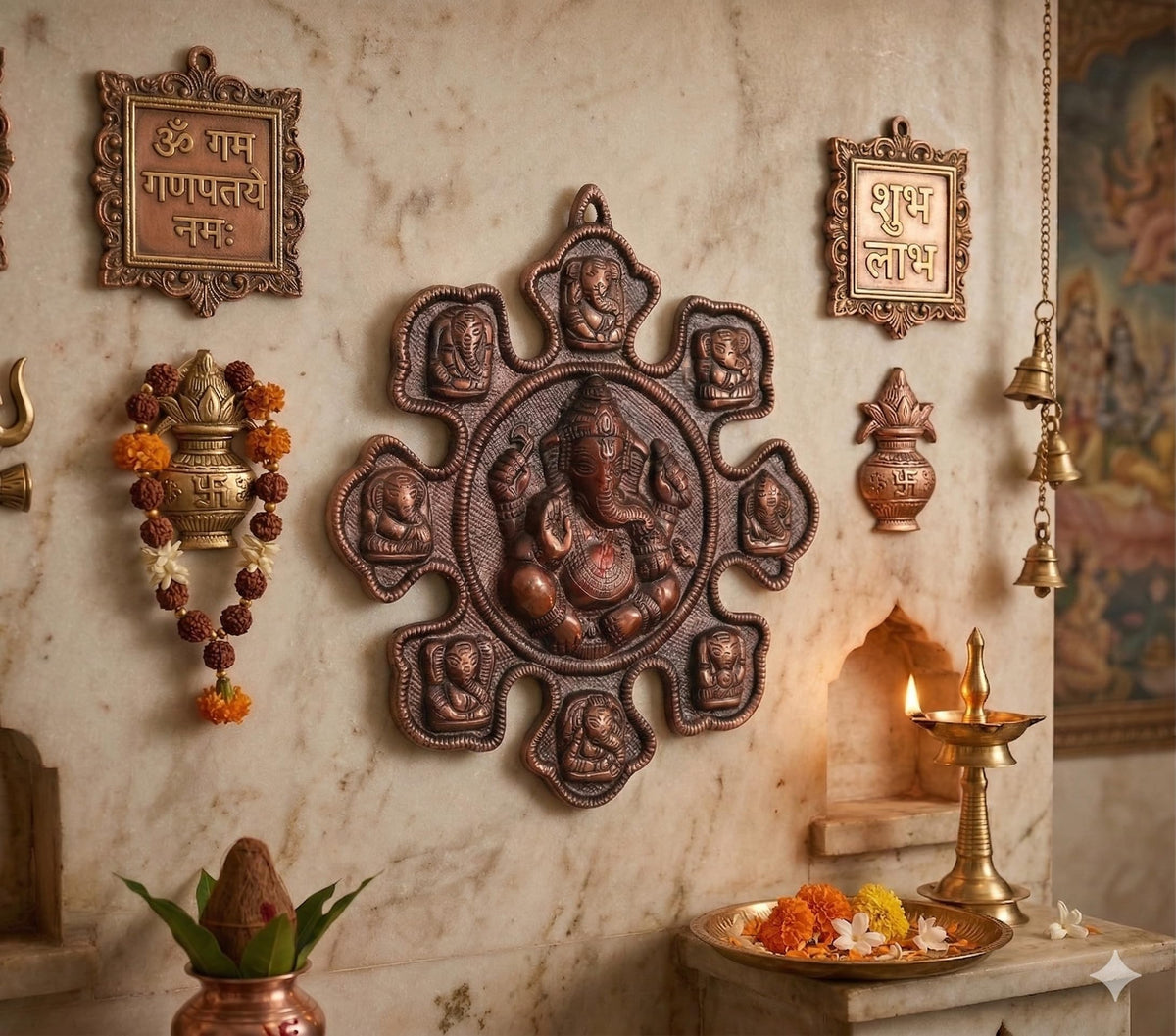 Lord Ganesha Ashtavinayak Wall Hanging Metal Plaque - 28cm x 27cm Antique Copper Finish Idol for Home Decor, Living Room & Entrance | Religious Figurine Gift Item (450g)