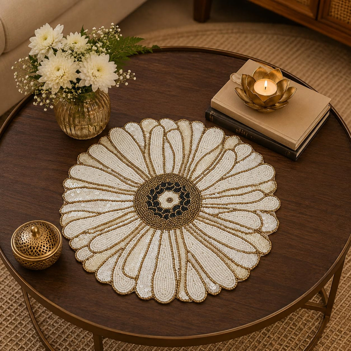 MFU - Made For You Round Beaded Table Placemat 14 Inches | Handmade Decorative Dining Mat | Charger Plate for Dining Table, Wedding, Party & Festive Decoration (Pack of 1) Kafalo