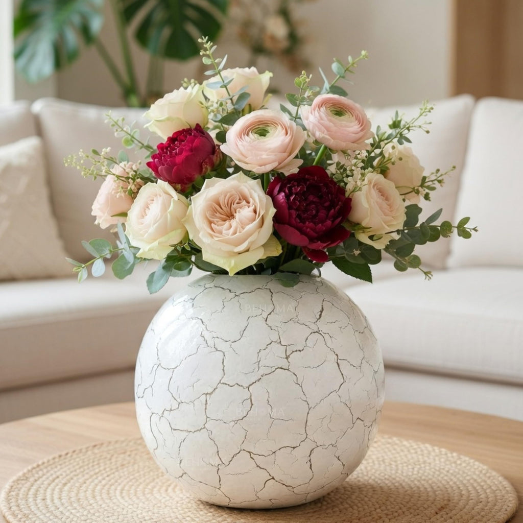 BEHOMA Metal Ball Round Metal Vase for, White