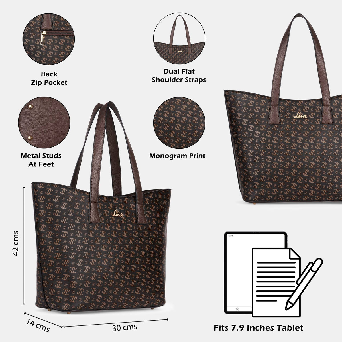 Lavie Mono LL Harper Tote Bag For Women | Tote Handbag For Work | Ladies Purse | Stylish Shoulder Bag | Gift, Brown