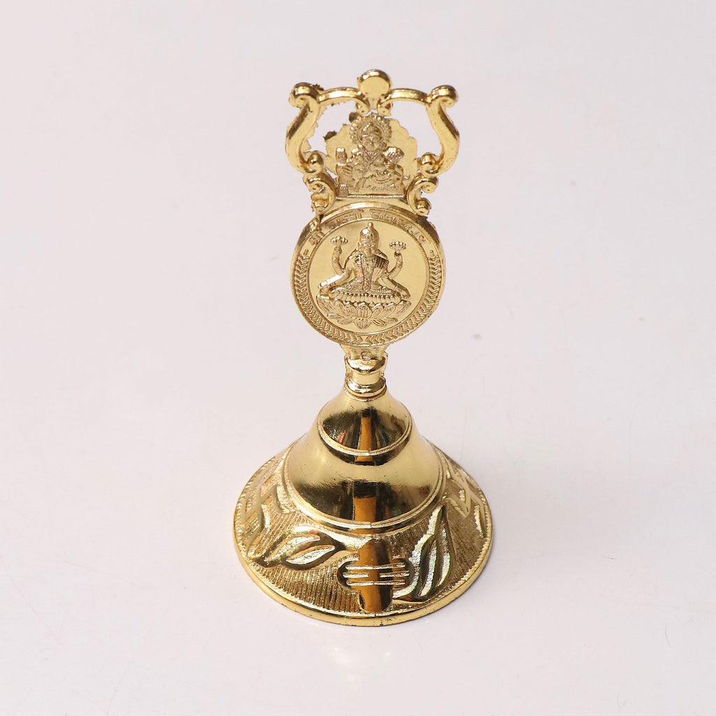 Kriday Kraft Antique Pooja Bells Metal Gold Kuber Ghanti, Hand Bell with Kuber Laxmi and Ganesh Embose for Pooja Mandir Handcrafted Puja Ghanti Home and Office Mandir Décor
