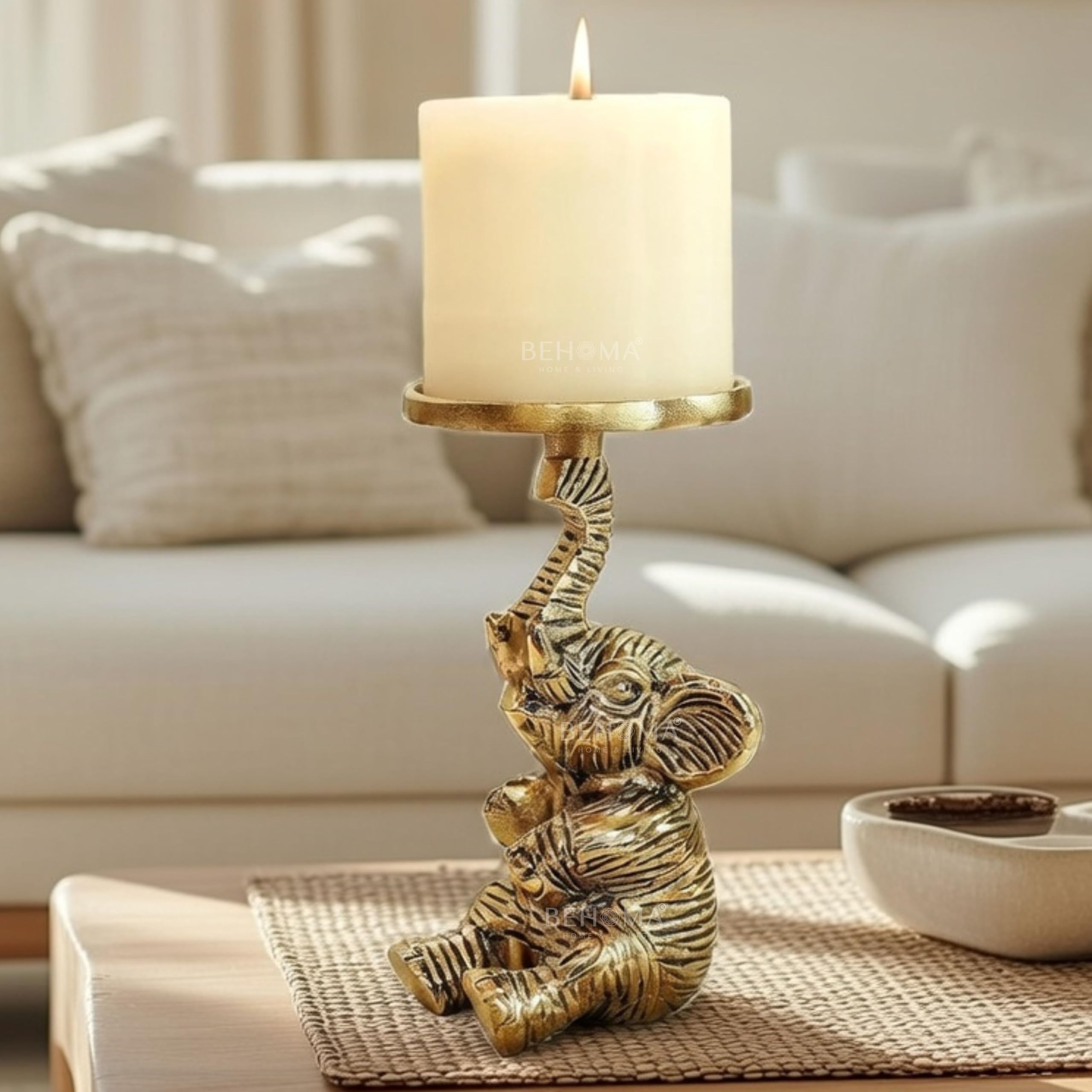 BEHOMA Metal Elephant Pillar Candle Holder Statue, Gold, 8 x 8 Cm