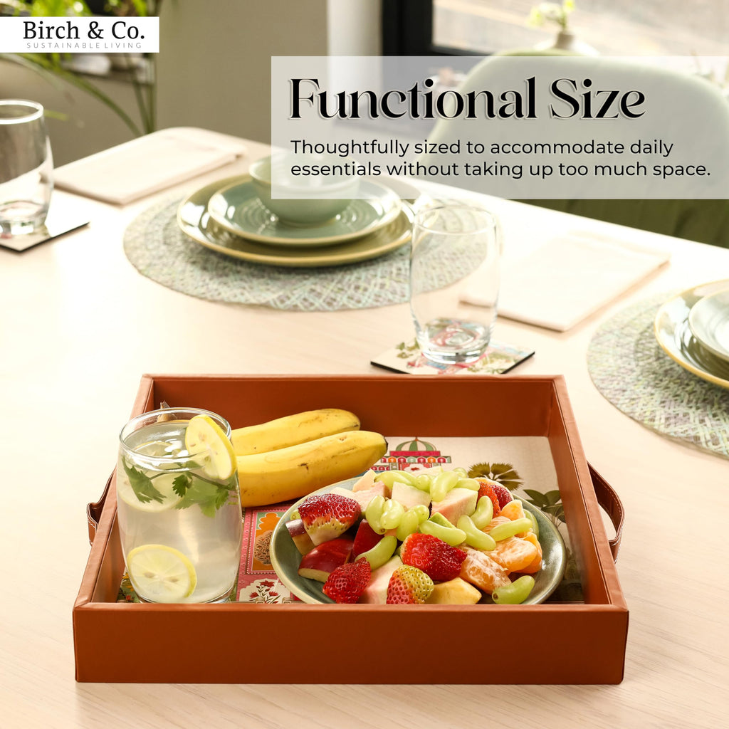 Birch & Co. Wooden Tray For Serving-Free 4 Coasters-12 In X 12 Inch-Serving Tray-Tray Set For Decoration-Round Shape Tea Trays-Big Coffee Tray-Premium Mdf Trey-Wooden Serving Trays-Resin Tray,Ancient