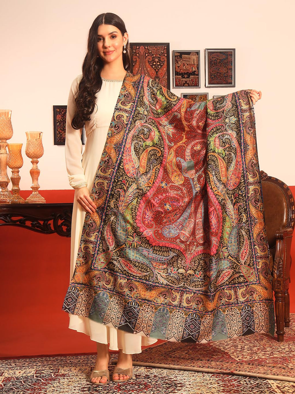 Pashmoda Women Daastaan Fine Wool Fabric Pashmina Kalamkari Embroidered Shawl (Size: 40x80in, 101x203cm) KAS15