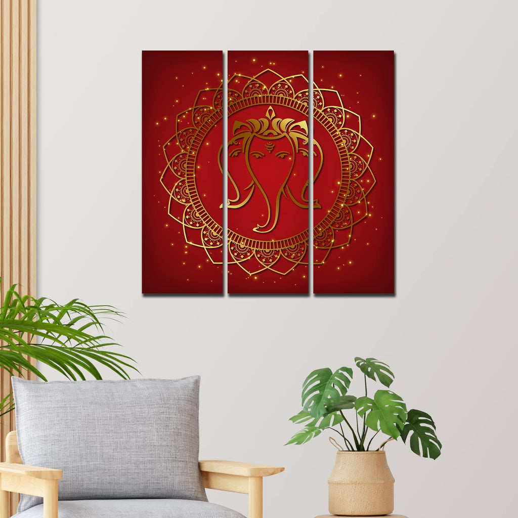 VIBECRAFTS 3 Pieces Beautiful Ganesha Face Canvas Wall Painting Fitted With Wooden Frame For Home | Office | Living Room | Gifts (PTVC3Pcs1_9563)