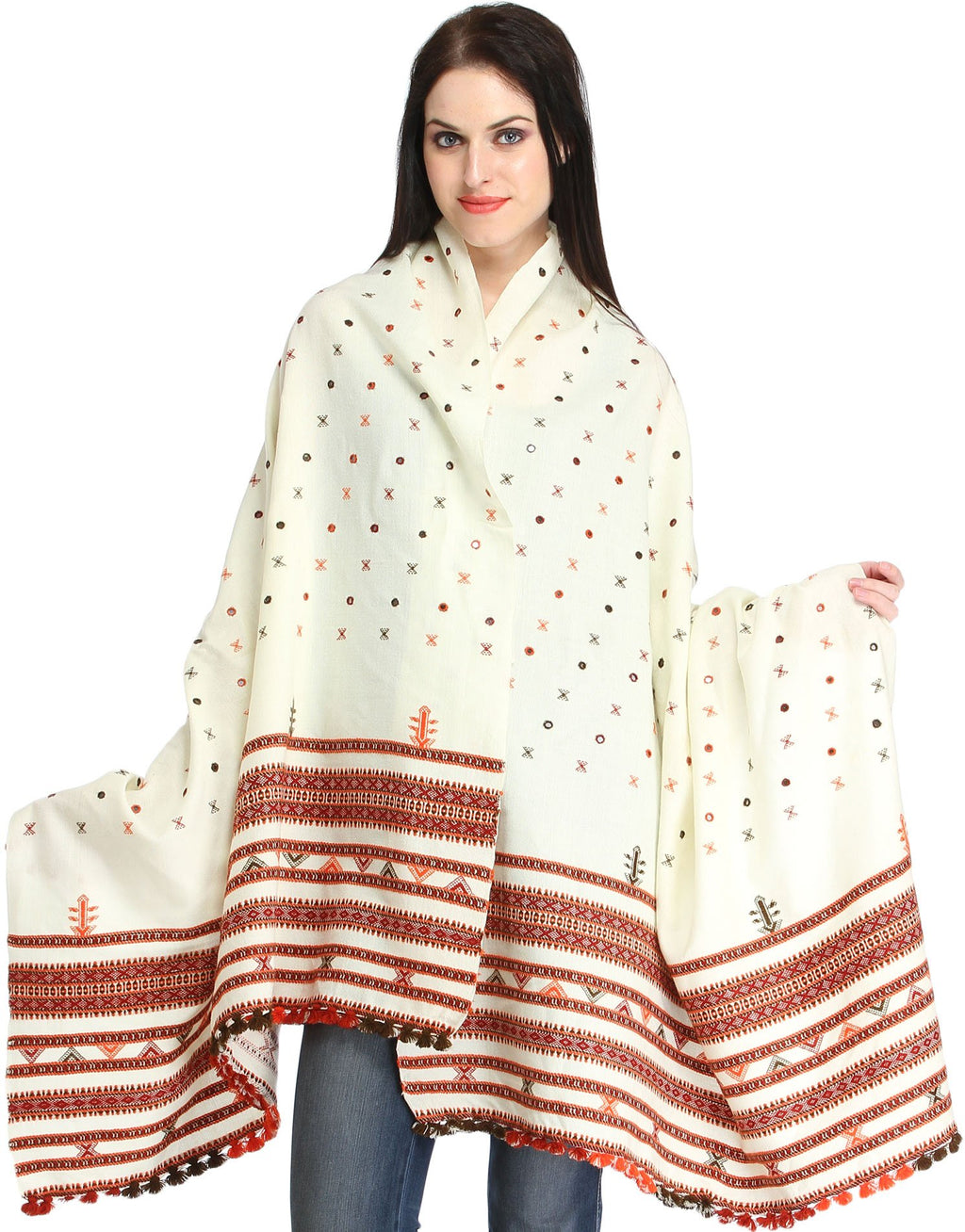Exotic India Women's Shawl from Kutch with Woven Border and Embroidered Mirrors Pure Wool Shawl (SWJ71--cream)
