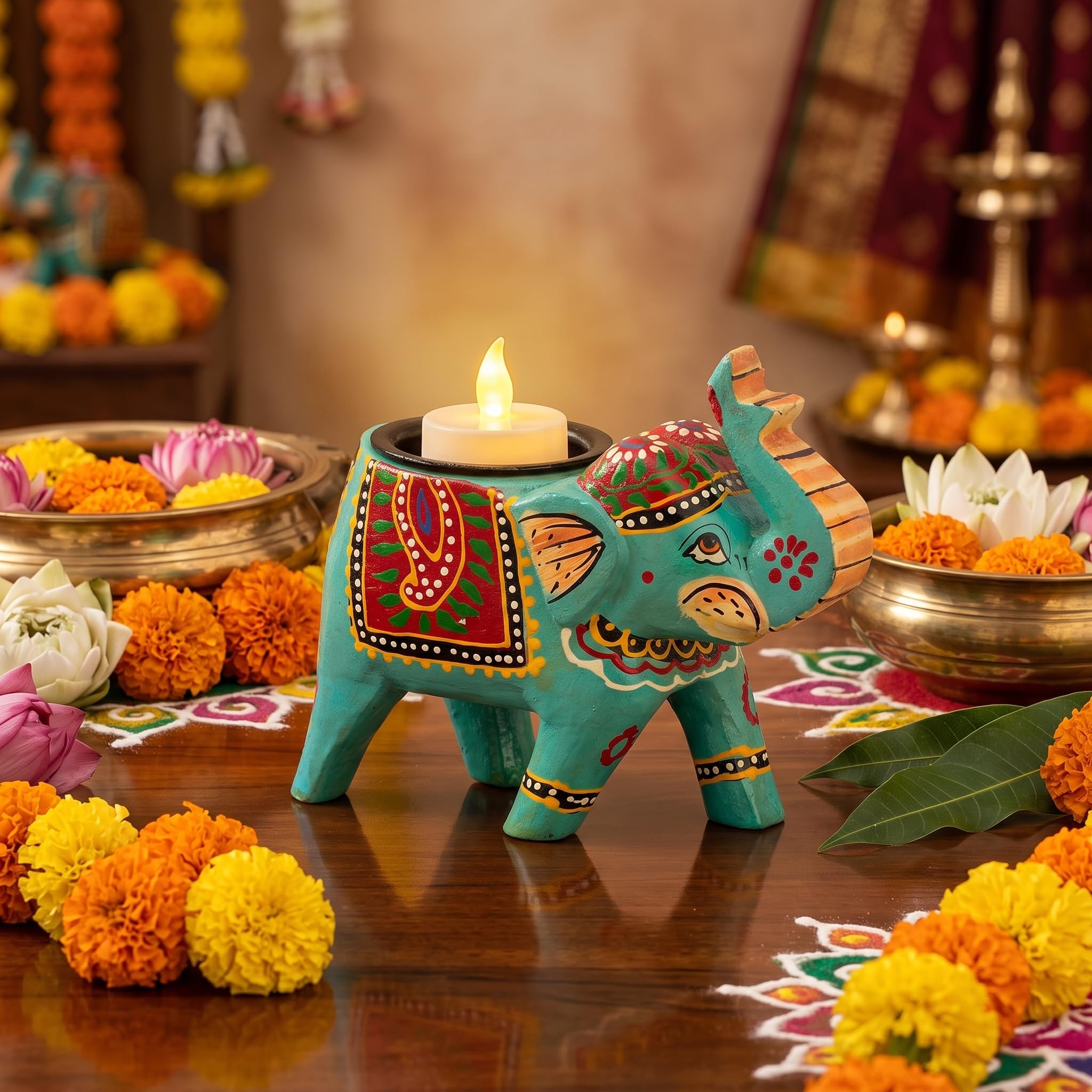JH Gallery Handpainted Decorative Tealight Candle Holders for Home Decor, Decorative Elephant Showpiece for Table Decor, Perfect Return Gift for Wedding (4 Inches, Blue, Pack of 1)