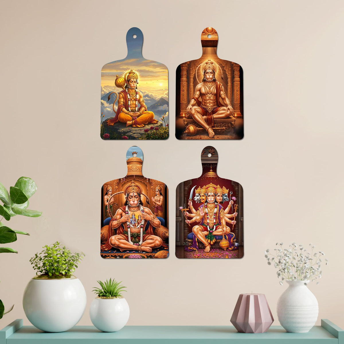 Artvibes Lord Shri Panchmukhi Hanumanji Sacred Art Designer Wooden Wall Hanging | Spiritual Decor Items | Wall Painting | Wall Poster| Stylish Modern Decor Item | Gift Items (WH_5638N), Set of 4