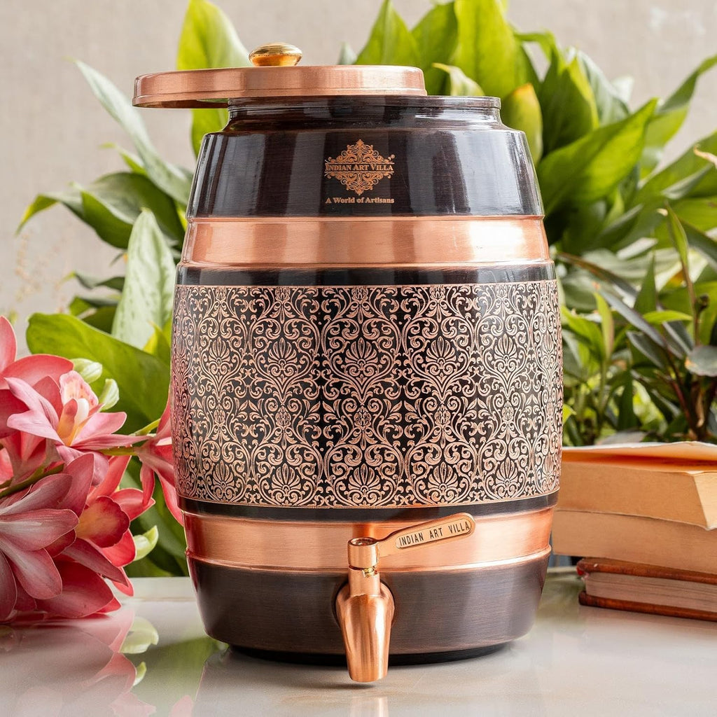 Indian Art Villa Copper Water Carafes with Embossed & Black Printed Design – 5 Liter Water Carafes with Stand, Tap & Glass (275 ML), Ayurvedic Drinkware for Home, Office, Gifting & Daily Hydration