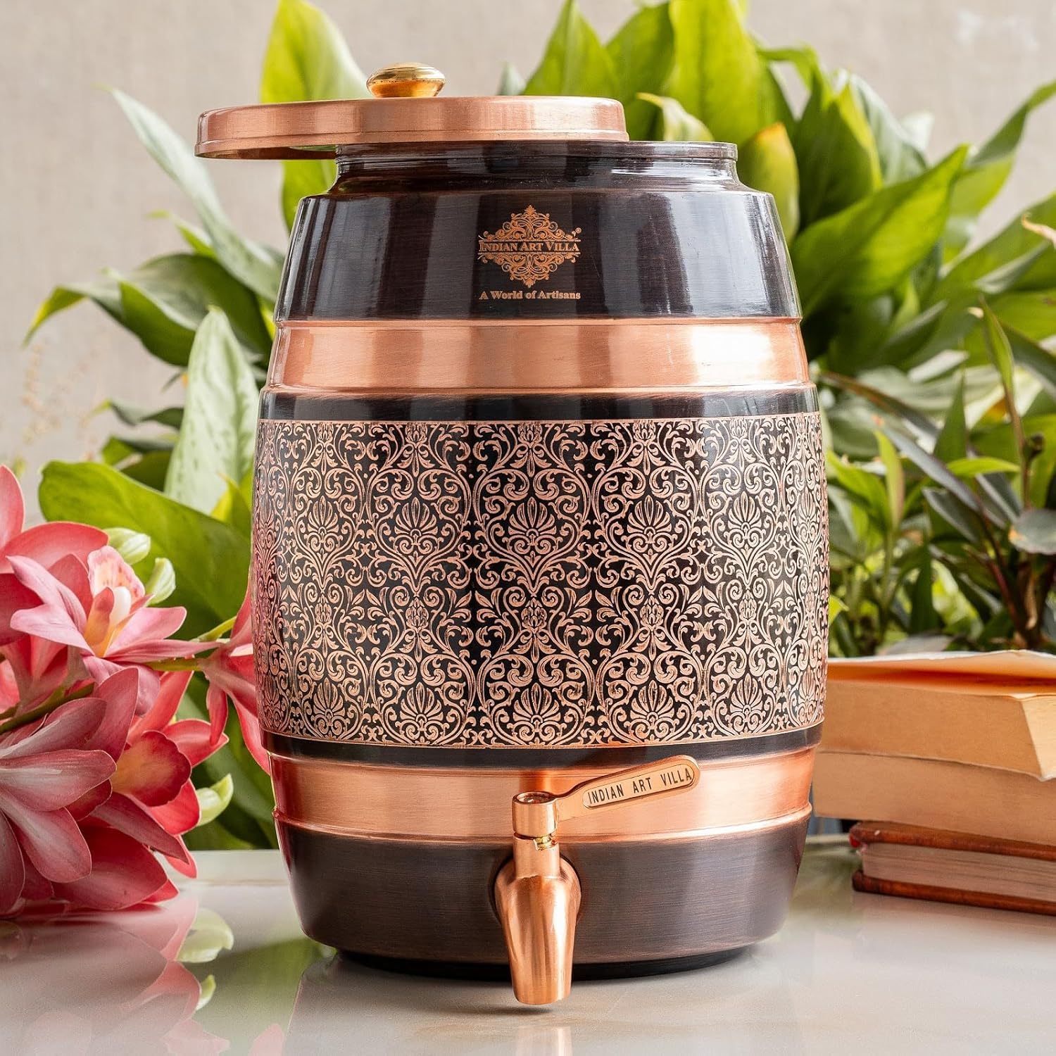 Indian Art Villa Copper Water Carafes with Embossed & Black Printed Design – 5 Liter Water Carafes with Stand, Tap & Glass (275 ML), Ayurvedic Drinkware for Home, Office, Gifting & Daily Hydration