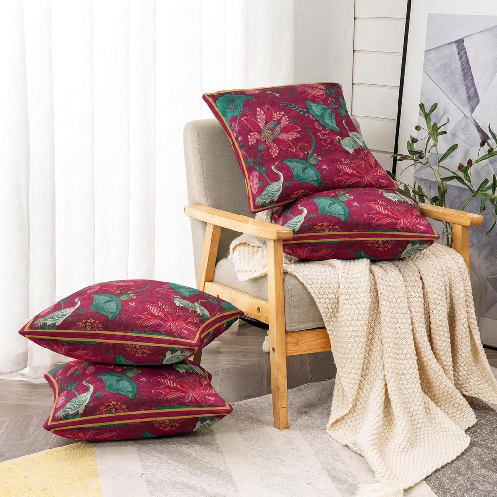 ishro home Premium Cushion Cover 18 inch x 18 inch | Luxury European Mosha Fabric | Love at First Sight Designs | Hidden Zipper | Machine Washable, Non- Fading | (2, Ruby Palace, 18 x 18 Inches)