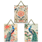 Artvibes Artistic Peacock & Vibrant Flowers Decorative Wall Art MDF Wooden Wall Hanger for Home | Festive Decor Art | Wall Sculpture | Scenery | Wall Illustrations | Gift Items (WH_96185N), Set of 3