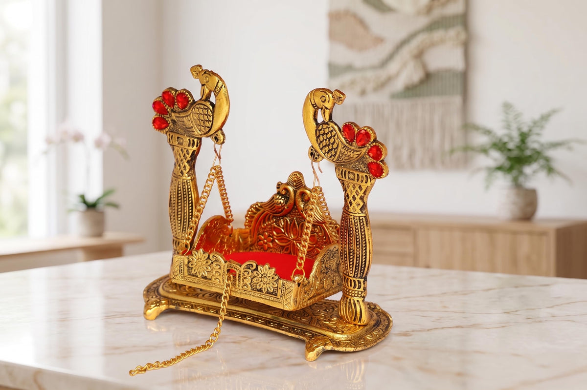 KridayKraft Laddu Gopal Jhula for Krishna Idol, Peacock Metal Palna with Gold Finish & Stone Work, Bal Gopal Swing Singhasan for Janmashtami, Home Mandir, Pooja & Gifting, 20 x 9.5 x 19 cm