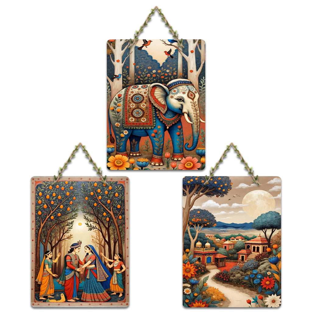 Artvibes Royal Elephant & Village Life Wooden Art Decoration Item for Home | Wall Sculpture | Signs & Plaques | Wall Accents | Graphic Artwork | Wall Poster | Ideal Gifts (WH_9651N), Set of 3