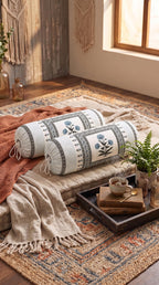BLOCKS OF INDIA Cotton Hand Block Printed Bolster Cover | Booster Cover with Drawstring | Round Long Pillow Cover for Bed | Dewan Pillow Cover Set 16 X 32 | Set of 2 (Color 48)