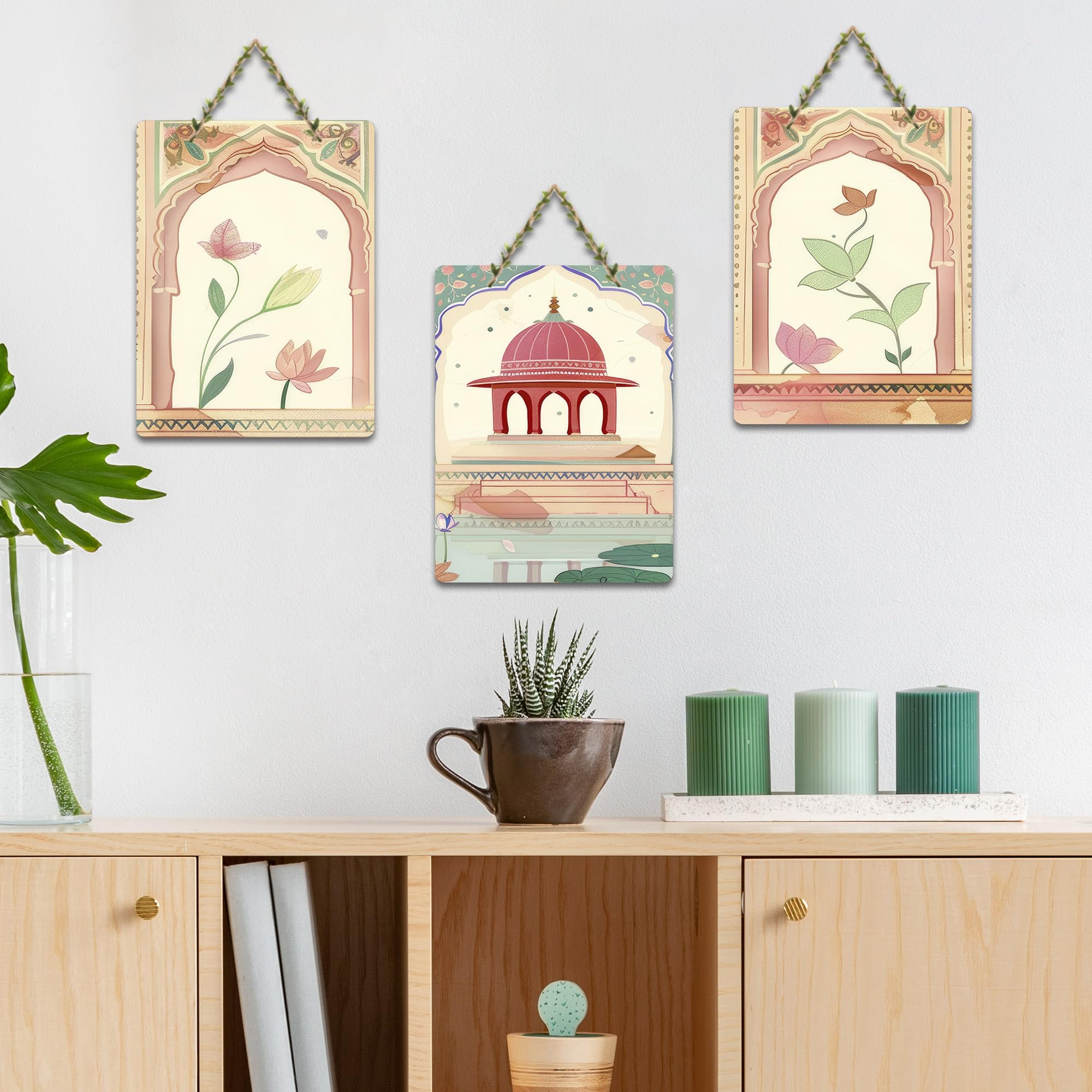 Artvibes Cultural Indian Royal Arch & Lotus Traditional Wooden Wall Hanger for Home Decor | Living Room | Art For Wall | Modern Artwork | Wall Illustrations | Unique Gift Items (WH_9663N), Set of 3