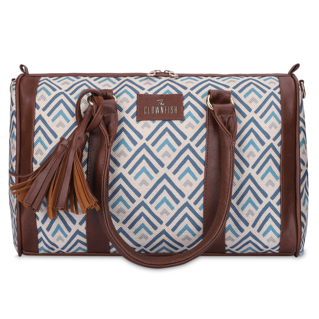 THE CLOWNFISH Lorna Printed Handicraft Fabric Handbag for Women Office Bag Ladies Shoulder Bag Tote for Women College Girls (White with Grey Stripes)