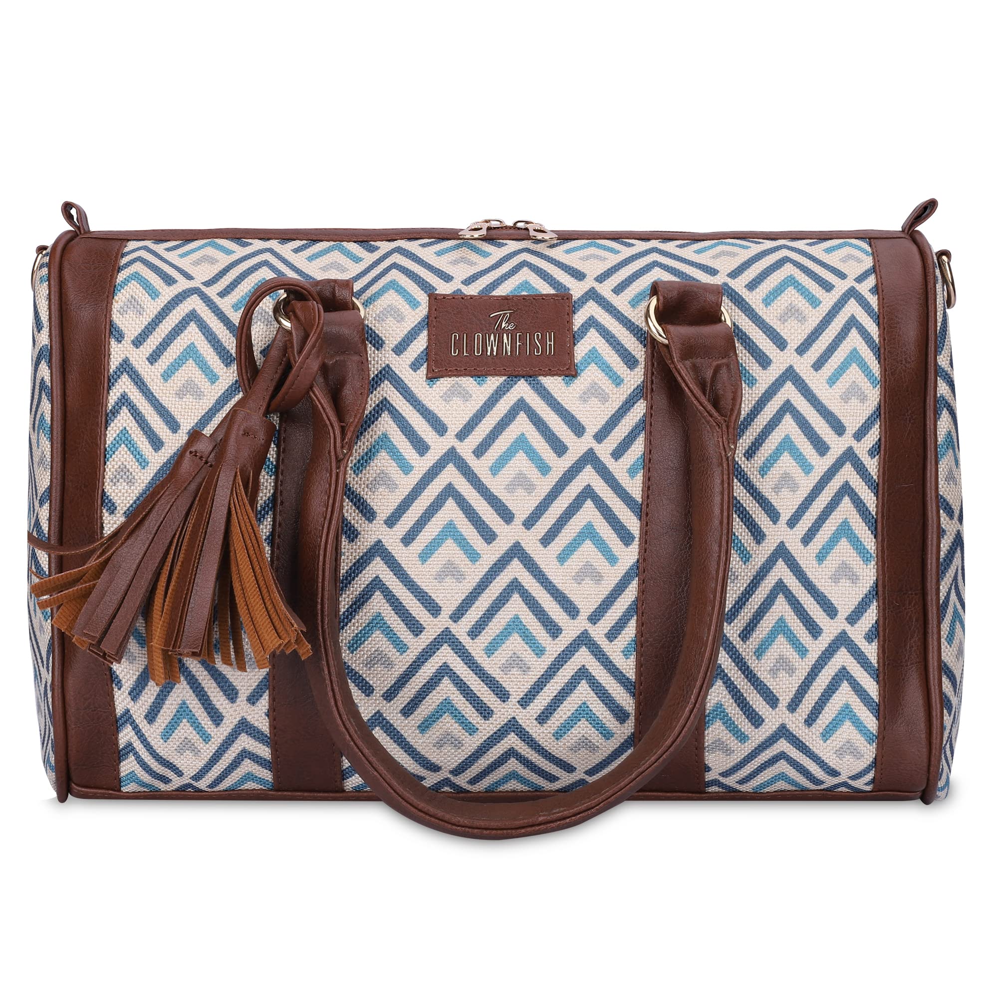 THE CLOWNFISH Lorna Printed Handicraft Fabric Handbag for Women Office Bag Ladies Shoulder Bag Tote for Women College Girls (White with Grey Stripes)