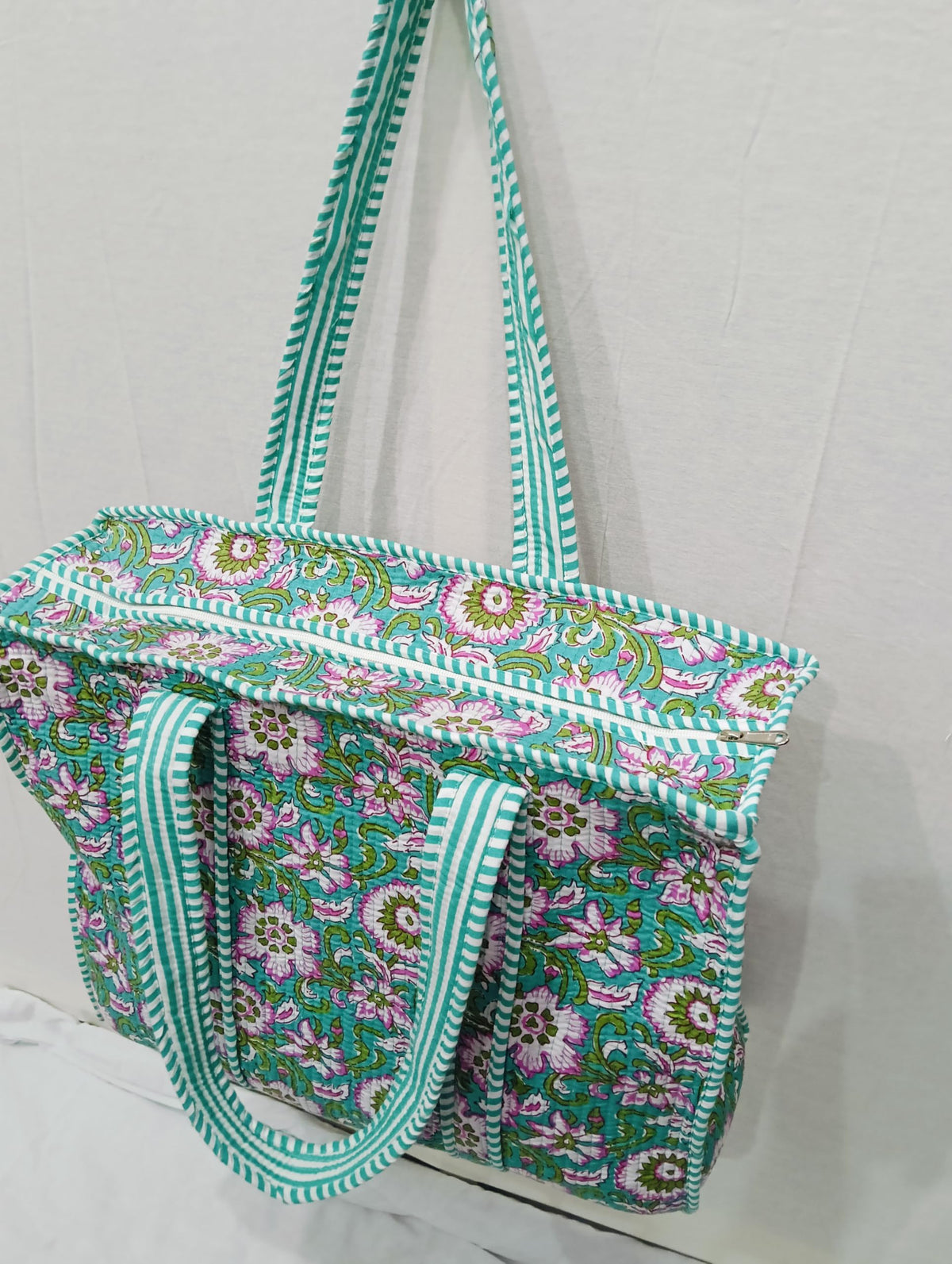 Doraya Cotton Printed Tote Bag,Hand Bag Multicolor Quilted Hand Block Floral Printed Women's Carry Bag Shoulder Shopping Tote Bags 18x5.5x16 Inch (Sea Green 2)